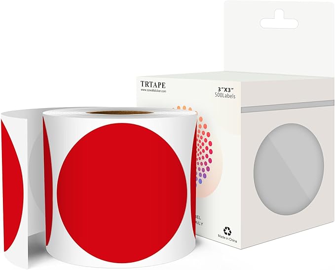 3 Inch Round Color Coding Labels (500 per Roll) - Colored Dot Stickers Round Labels for Inventory, Warehouse, Office Organizing - Red Circle Stickers