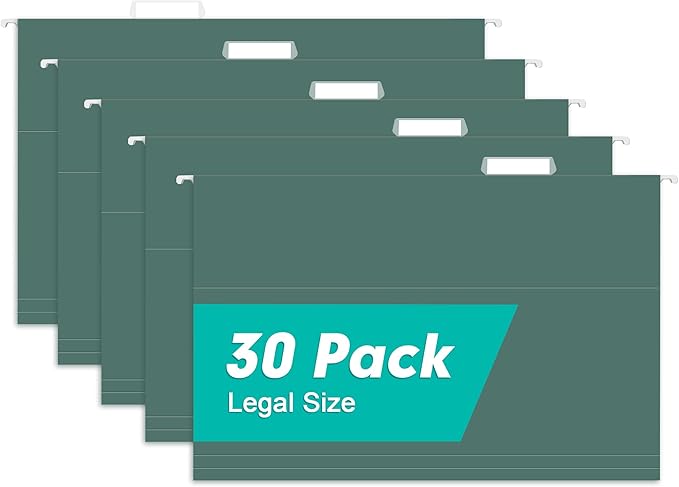 HERKKA Hanging File Folders, 30 Pack Reinforced Legal Size Hanging Folders with Heavy Duty 0 Inch Expansion, Designed for Bulky Files, Medical Charts, Adjustable Tabs, Green
