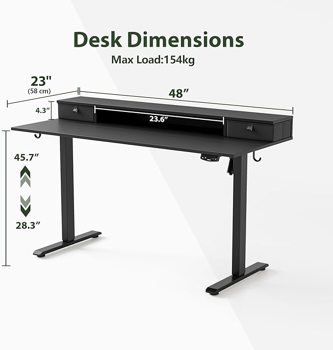 Agilestic 48 x 24 Inches Electric Standing Desk with 2 Storage Drawers, Adjustable Height Sit and Stand Computer Table with Splice Board, Black