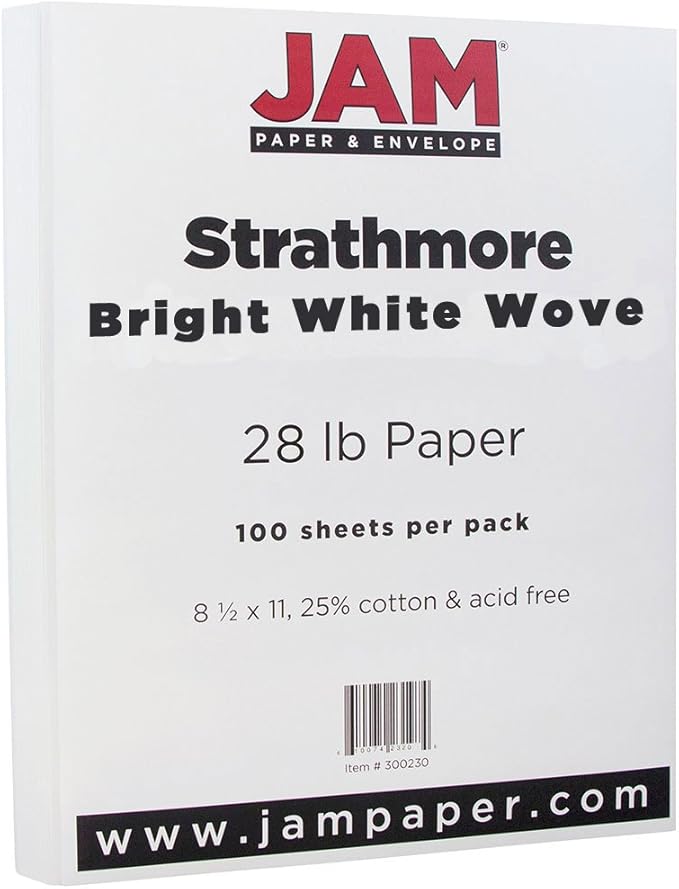 JAM PAPER Strathmore 28lb Paper - 105 gsm - 8.5 x 11 - Bright White Wove - 100 Sheets/pack