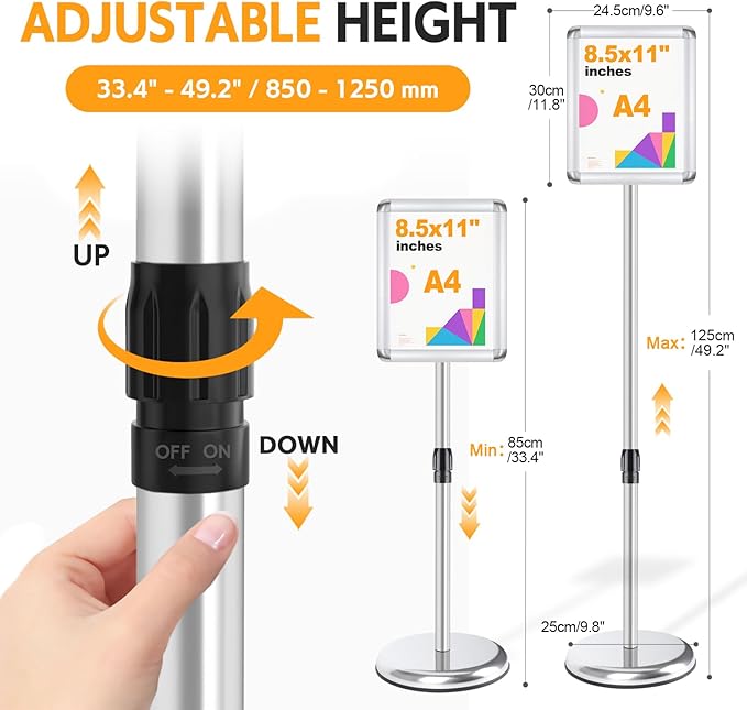 RedChili Sign Holder Stand 8.5x11 Inch, Floor Standing Sign Holder With Rotated Snap-Open Aluminum Frame, Angle Height Adjustable Signage Stand with Round Base for Advertising Poster (Silver, Round Corner)