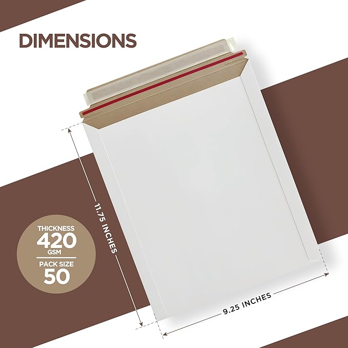 Rigid Mailers 9.25 x 11.75 Inch – 50 Pack White Self Seal Stay Flat Cardboard Envelopes – No Bend Mailing Envelopes for Photos, Documents, Certificates, Books, Magazines & Art Prints