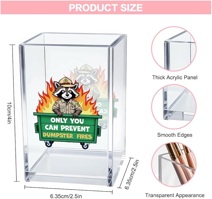 Vgrti Only You Can Prevent Dumpster Fire Acrylic Cosmetic Pencil Pen Holder Cup, Funny Raccoon Pen Holder Cup, Raccoon Gifts, Humor Sarcastic Work Gag Gifts for Women Men Employee Coworker Friend