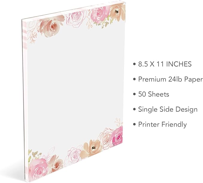 THiNKABLE Floral Stationery Paper, 50 Sheets, 8.5x11, Pink, Decorative, Writing Paper
