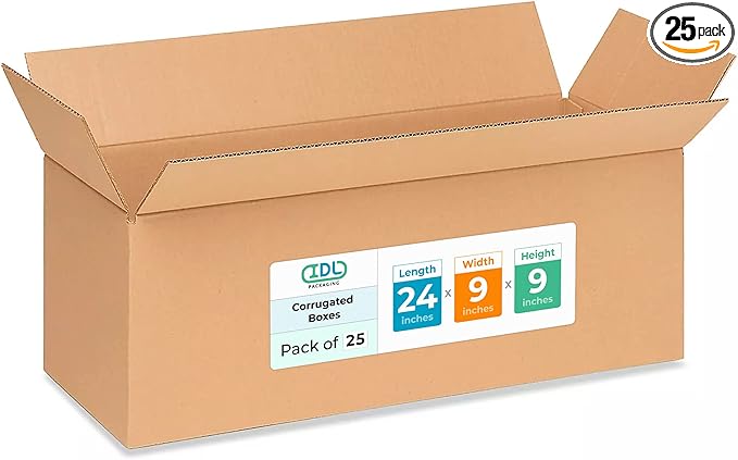 Long Moving & Shipping Boxes 24"L x 9"W x 9"H (25-Pack) - Extra Strength 200 lb vs Regular - Corrugated Moving Boxes for Delivery - Cardboard Box for Shipping - Long Box by IDL Packaging