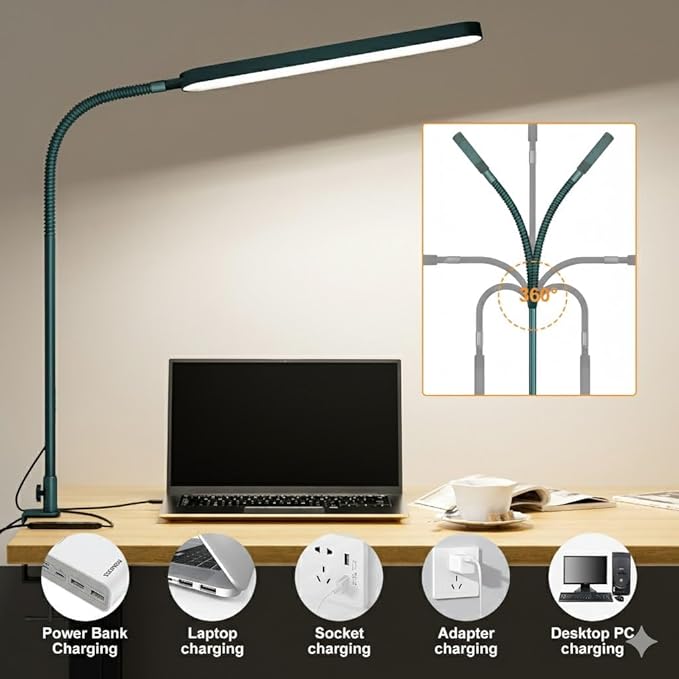 SKYLEO LED Desk Lamp - Desk Light for Home Office - Flexible Gooseneck - 5 Color Modes X 11 Brightness Levels - 1300LM - Timmer & Memory Function - 12W Clip on Light - Green