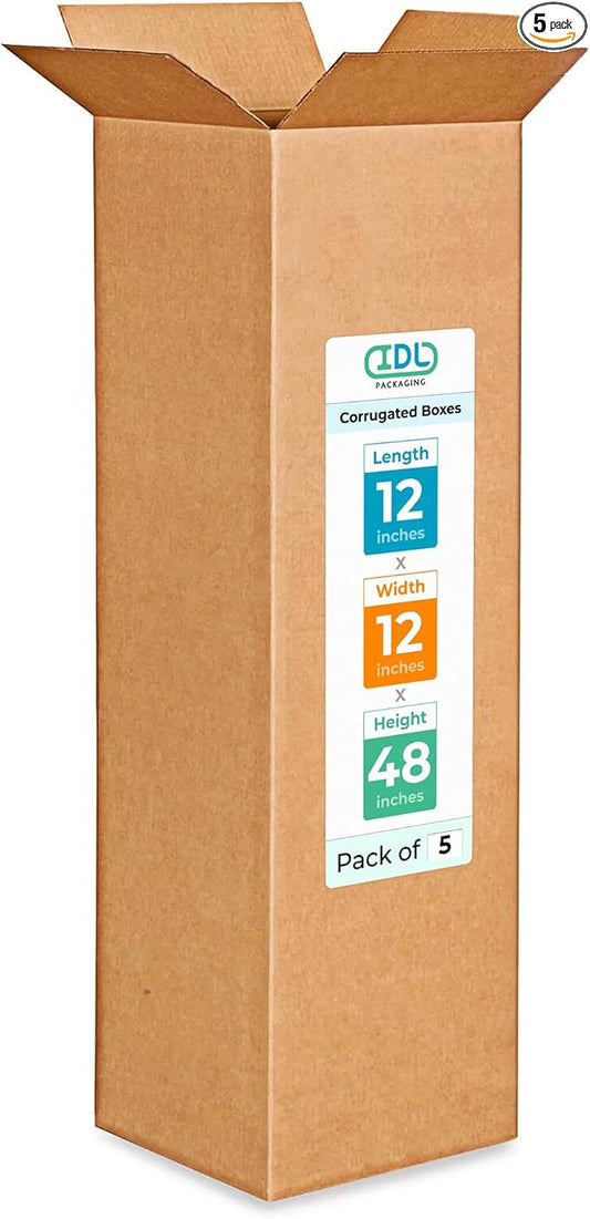 IDL Packaging Medium Corrugated Shipping Boxes 12"L x 12"W x 48"H (Pack of 5) - Prime Choice of Strong Packing Boxes for USPS, UPS, FedEx Shipping - Easy-to-Recycle Cardboard Boxes for Packaging