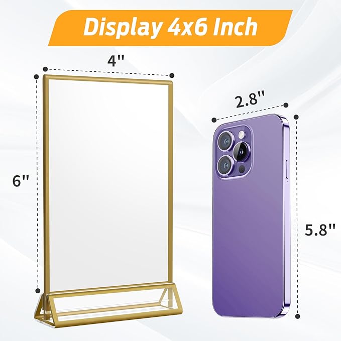Smarpau 4x6 Gold Acrylic Sign Holder Table Number Holders 8 Pack Vertical Double Sided Clear Picture Frames for Wedding Flyer Display Stands Table Menu Holders