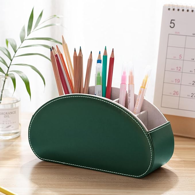 Remote Control Holders Organizer Box with 5 Compartment PU Leather Multi-functional Office Desk Storage Caddy Store Tv Remote for Media Player,Brush,Pencil,Glassees&Office Supplies (Dark Green)