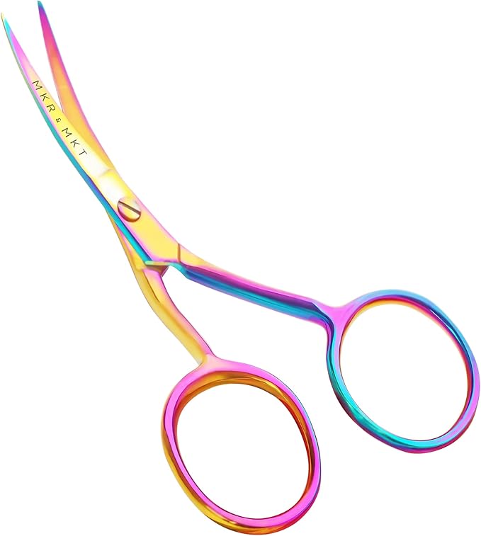 MAKER AND MARKET Small Embroidery 4.5 Inch Scissors Set of 2 Kit - Mini Double Bend Offset Duckbill and Double Bend Long Applique Needlepoint Blade with Pouch Sleeve (Rainbow)
