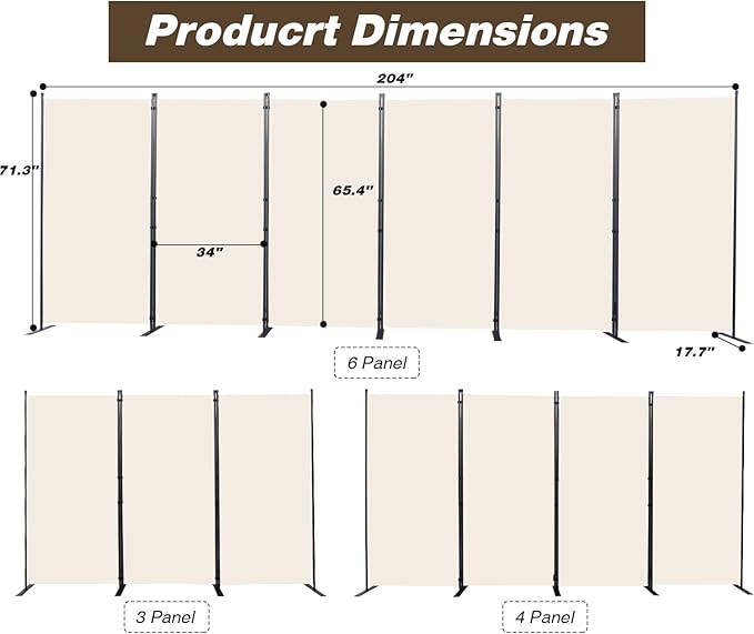 CHOSENM Room Divider, 6 Panel Folding Privacy Screens with Wider Support Feet, 6 Ft Portable Room Partition for Room Separator, 204" W X 71" H, Beige
