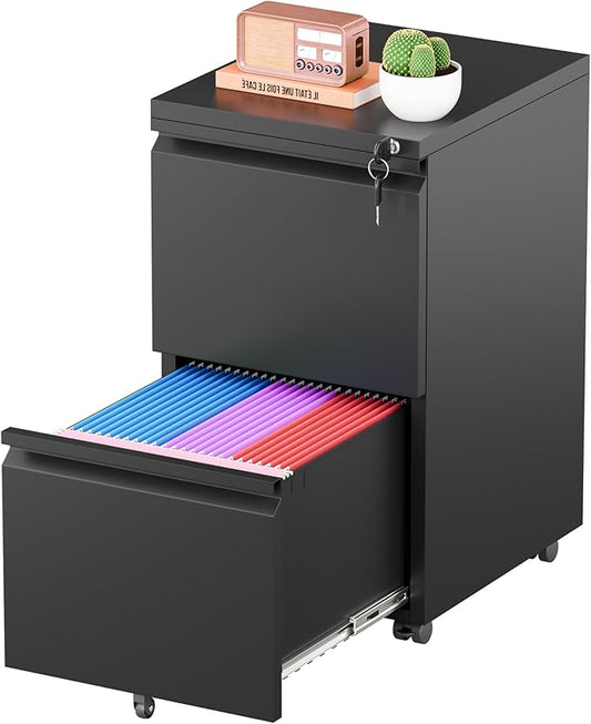 Greenvelly 2 Drawer Mobile File Cabinet with Lock, Metal Filing Cabinet on Wheels, Under Desk File Cabinet for Home Office Organizer Letter/Legal/A4 File (Assembly Required, Black)