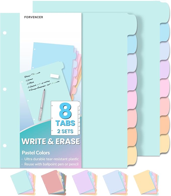 Forvencer 8-Tab Binder Dividers with Tabs, Big Tabs, Write&Erase Plastic Dividers for 3 Ring Binder, Binder Tabs for Organizers, 3 Ring Binder Dividers with Tabs for School Office (Pastels, 2 Set)