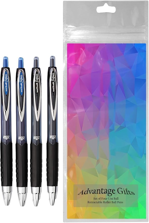 Advantage Gifts Signo 207 Roller Ball Retractable Gel Pens, Medium Point (0.7mm), Black And Blue Ink, 4 Count, Bundle with Plastic Reusable Pouch