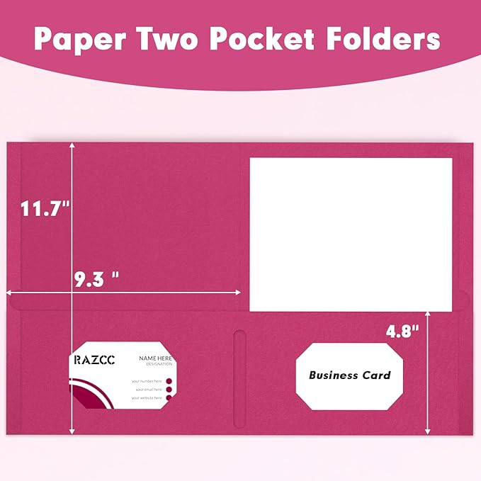 Two Pocket Folders, RAZCC 50 Pack 2 Pocket Folders Fit Letter Size Paper, Paper Folders with Pockets for School Office Business Home (Magenta)