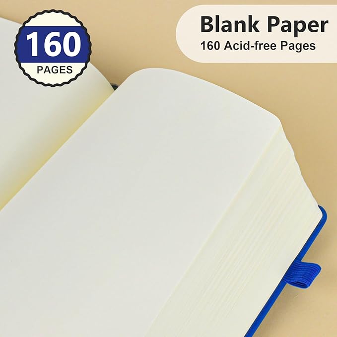 PERCUN Blank Journal Ntebook for Men & Women, 160 Pages Blank Journals for Writing, Drawing,Sketch Book,5.9" x 8.5" Leather Sketchbook, Unlined Notebook for Work, School, Art (Navy)
