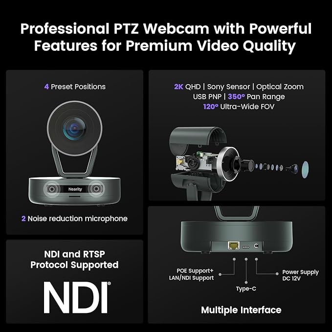 NEARITY Conference Room Camera System, 10X Hybrid Zoom Camera, Noise Reduction, All-in-One for Video and Audio Conferencing, 2K PTZ Webcam | USB Conference Speakerphone Microphone for up to 323ft²