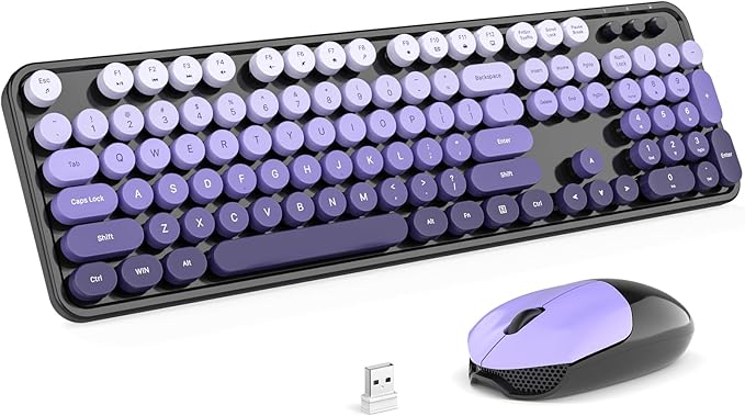 MOFII Wireless Keyboard and Mouse Combo, Full Size 2.4G Plug and Play Typewriter Retro Round Computer Keyboard and Mouse Set for Windows, Computer, Desktop, PC, Notebook - (Black Purple Gradient)