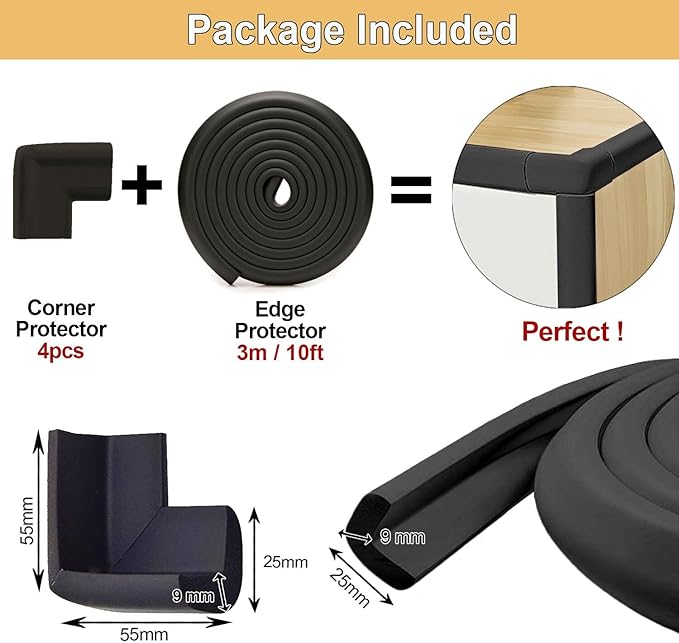 Baby Proof Corners and Edges Protector 10ft Edge+4 Corner Guard, Fireplace Baby Proofing Bumper, Heavy-Duty Soft NBR Foam Edge Corner Protector for Furniture Table, Childsafe/Pre-Taped Black