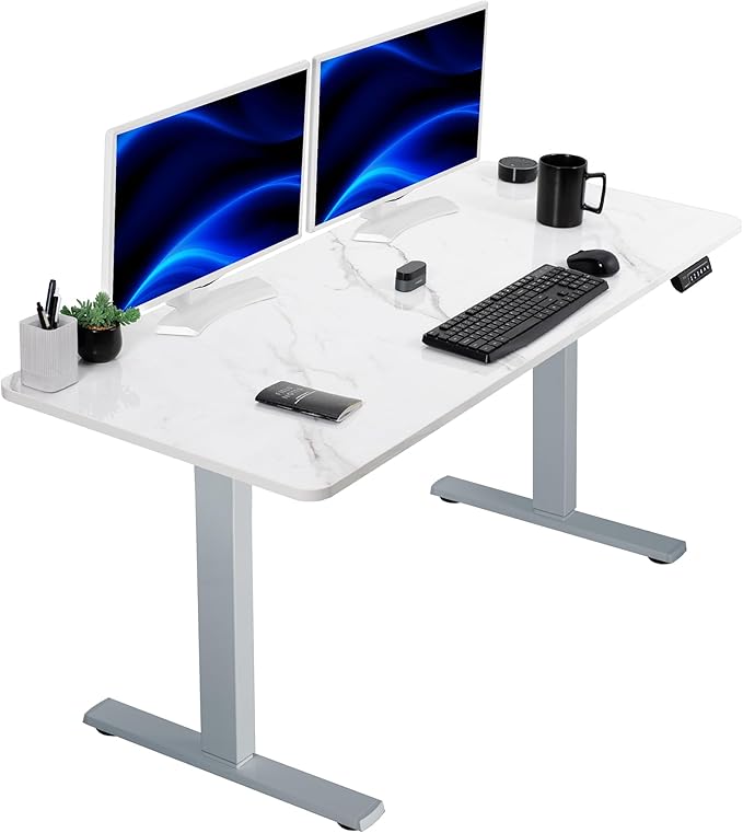 VIVO Electric Dry Erase 60 x 24 in Standing Desk, Memory Height Adjustment, 1B Series, Holds 220 lbs, White Marble Pattern Top, Gray Frame, DESK-KIT-1G6WM