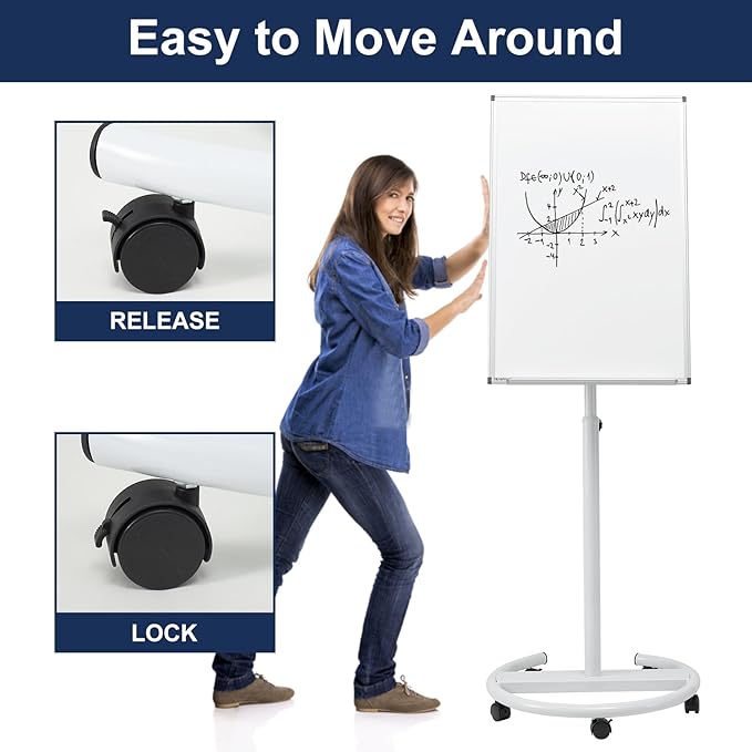 TSJ OFFICE Mobile Whiteboard Standing - 36 X 24 Inches Magnetic Dry Erase Easel, Height Adjustable Rolling White Board on Wheels with Flip Chart Hooks, White