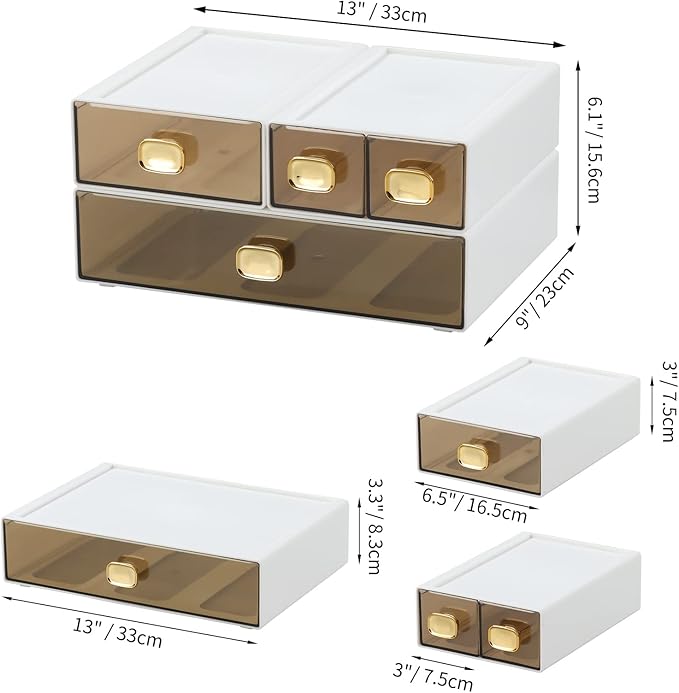 OSteed Spacious Desktop Storage Box, 1 Large 1 Middle & 2 Small Storage Drawers, Stackable Office Desk Drawer Organizer and Accessories, Printer Paper Organizer, White Plastic Drawers for Workspace