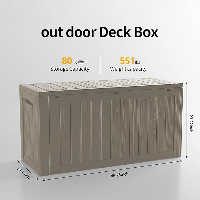 PATIOEASY Outdoor Storage Box 80GAL Waterproof Resin Deck Box,UV-Resistant Lockable Delivery Bin for Garden Tools,Small Outside Cushions,Pool Accessories Supplies,Chest,Furniture,Package,Grey