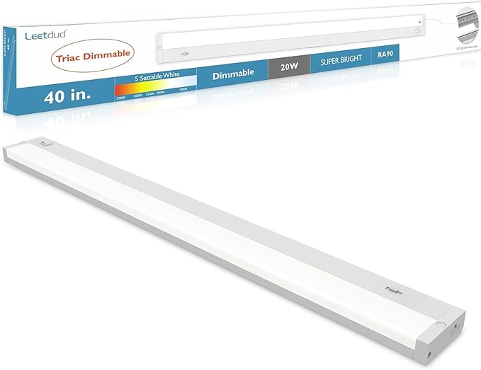 Leetdud LED Under Cabinet Lighting Hardwired or Plug in, 40 Inch 20W, Dimmable 5 Color 2700K/3000K/3500K/4000K/5000K, Linkable Eyes Care Design Counter Lights for Kitchen, Sink, ETL Listed, White