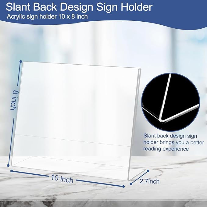 Wbtran Slanted Back Acrylic Sign Holder 8 x 10 Horizontal, Acrylic Stands for Display 10 x 8, Clear Tabletop Plastic Paper Sign Holder for Office, Home, Restaurant (6 Pack 10x8 Inches)