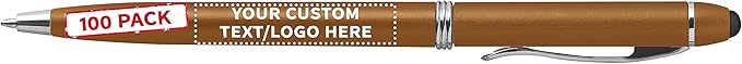 DISCOUNT PROMOS Custom Twist Action Plastic Stylus Pens, Set of 100, Personalized Bulk Pack - Pens for Work, Cool Pens for Writing, Black Ink - Gold