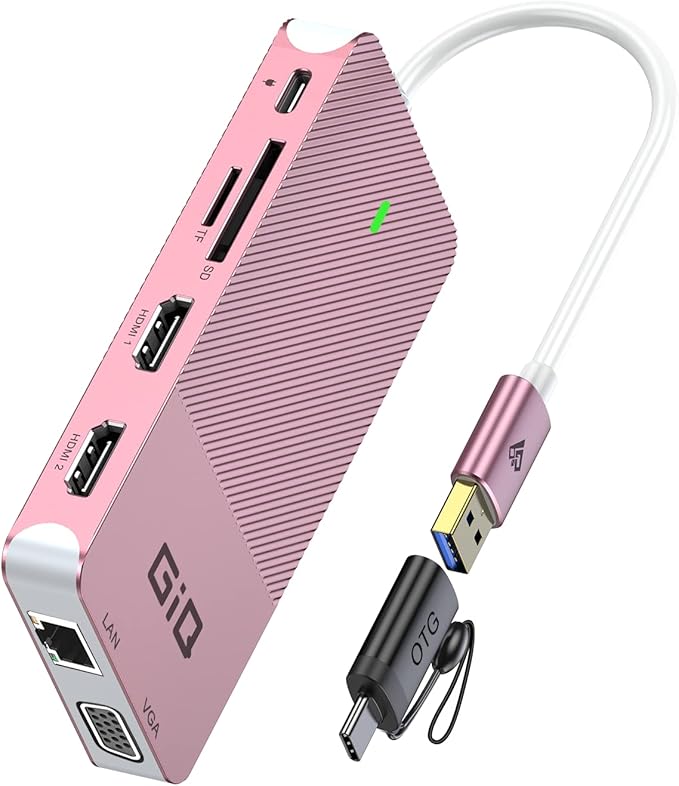 USB Docking Station GIQ USB C HUB USB 3.0 to Dual HDMI VGA Adapter Triple Display USB C Laptop Docking Station Dual Monitor HDMI Splitter Extender Compatible with MacBook M1 M2 USB Dock-Rose Gold
