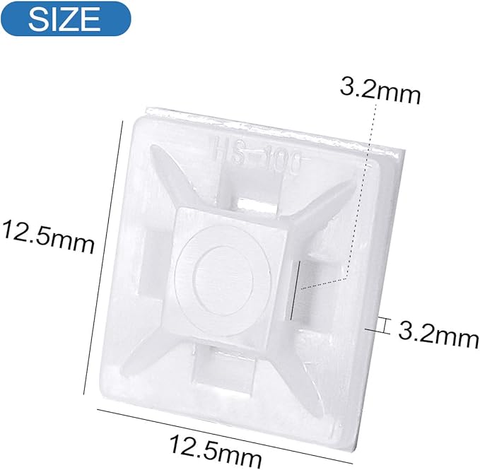 XHF 200 PCS 1/2" White Self Adhesive Cable Zip Tie Mounts Wire Cable Clips Holders Management Anchors Organizer Holders Squares(HS-100)
