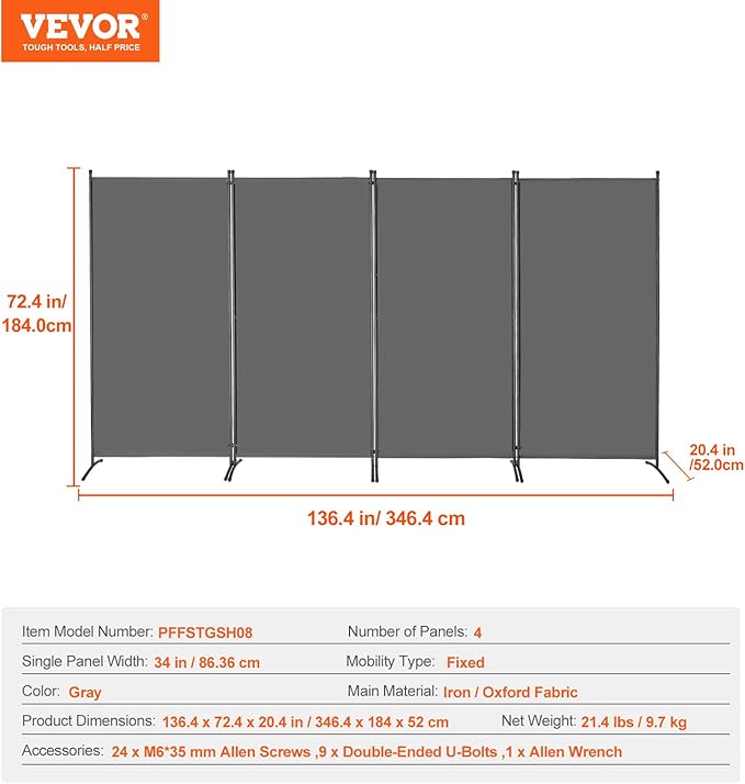 VEVOR Room Divider, 4 Panel Room Divider, Folding Privacy Screen and Portable Partition Divider for Room Separation, Freestanding Room Partitions for Office, Bedroom, Study, Grey