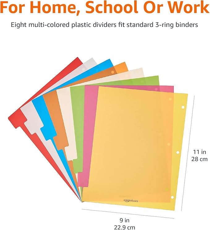 Amazon Basics Durable Multicolor 3-Ring Binder Plastic Divider Set with Tab Labels, 3-Hole Punched, for School and Organization, Letter Size 8-Tab Dividers, Assorted Colors, 6 Pack