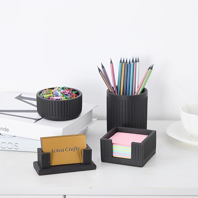 Set of 4 - Concrete Desk Accessories For Modern, Industrial, Minimalist Office Decor- Aesthetic Desk Organizers Accessories For Women or Men- Pen, Business Card Holder & Sticky Note, Paper Clip Holder