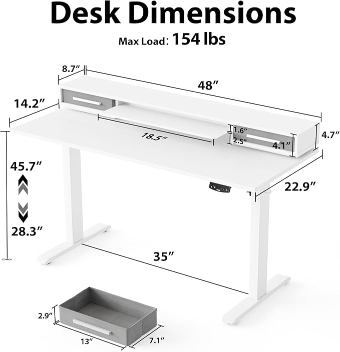 Agilestic 48 Inch Electric Standing Desk with Drawers, Adjustable Desk with Storage Shelf, Stand Up Home Office Computer Table, Splice Board, White