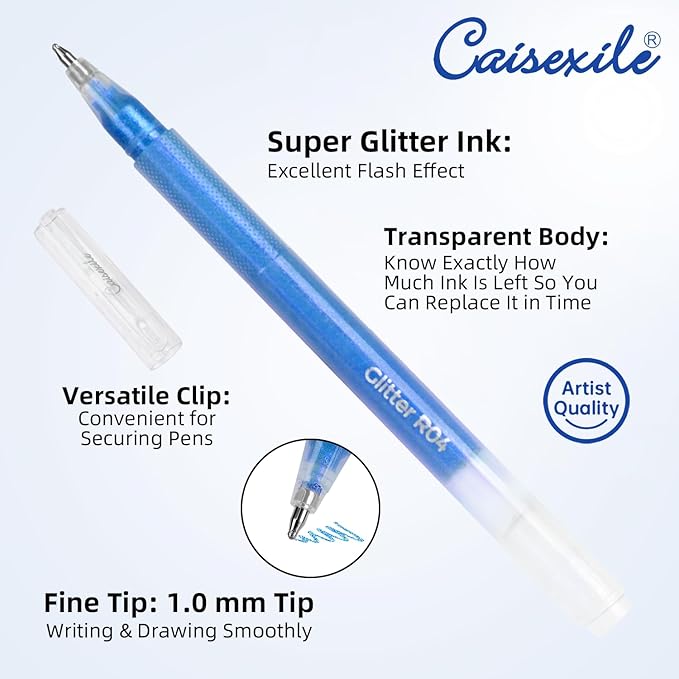CAISEXILE 12 Blue Glitter Gel Pens Set, 1.0 mm Fine Point for Black Paper & White Paper, Large Capacity Pens for Journaling, Adult Coloring Books, Drawing, Note Taking, Highlighting