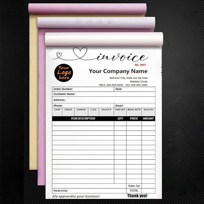 Custom Carbonless Sales Invoice Form Books for Small Business, Personalized NCR 3-Part Receipt Book with Carbon Copies, Cover Add Company Name, Address and Number Printed
