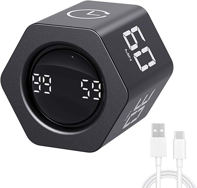LUCKY TIME Productivity Timer Flip Gravity Sensor Pomodoro Cube Timer Countdown & Countup,1/5/10/30/60min Preset & Custom Timing, Mute/Vibrate/Sound for ADHD,Work,Study,Kitchen(1, Black Hexagon)