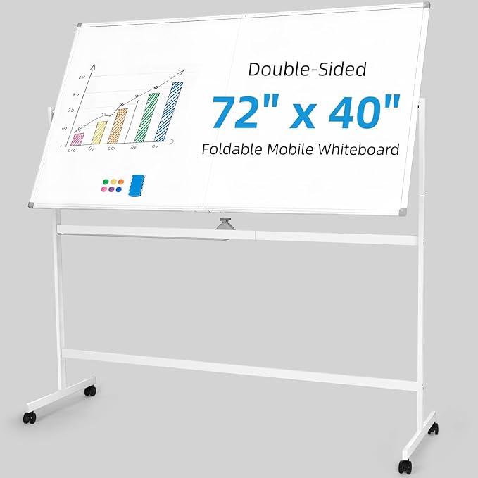 VOWNER Double-Sided Magnetic Whiteboard, 72" x 40" Large Mobile Dry Erase Board, Reversible Rolling White Board with Aluminum Frame & Stand, for Home Office, Classroom, School, White
