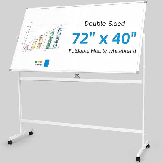 VOWNER Double-Sided Magnetic Whiteboard, 72" x 40" Large Mobile Dry Erase Board, Reversible Rolling White Board with Aluminum Frame & Stand, for Home Office, Classroom, School, White