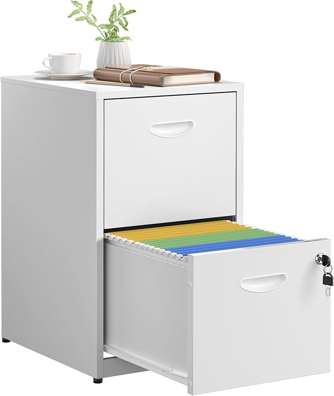 SteeLoong 2 Drawer File Cabinet with Lock,White Metal Office Drawers Filing Cabinets for Home Office, Two Drawer Under Desk File Cabinet for Hanging Letter,Easy Assemble