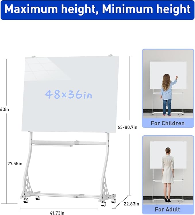 Mobile Glass Whiteboard, 48 x 36 inch Glass Board/w Height Adjustable, Large Portable Dry Erase Board with Stand and Wheels for Home, Office,Classroom &School, White
