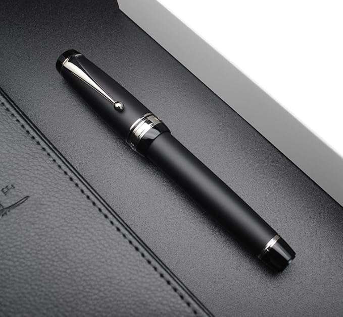 xixixiaozhu Metal Big Fountain Pen Set Medium Nib 0.7mm, Includes Ink Refill Converter, 5 Ink Cartridges & Gift Box (Medium Nib 0.7mm, Matte Black with Silvery Clip)