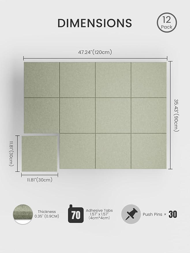 Bumusty Large Cork Board 47"x35" Alternative - 12 Pack Felt Wall Tiles with 70 Safe Removable Adhesive Tabs, 30 Pushpins, Cork Boards for Walls Pin Board Bulletin Board Office Decor (Sage)