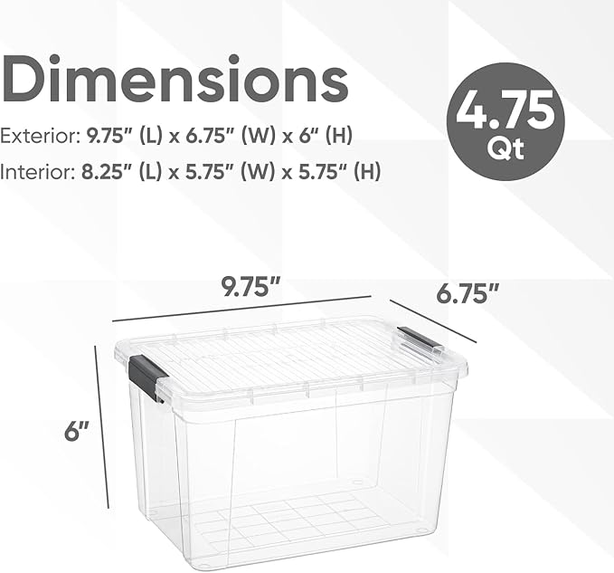Superio Clear Storage Boxes with Lids, 4.7 Quart Plastic Container Bins for Organizing, Stackable Crates, BPA Free, Non Toxic, Odor Free, Organizers for Home, Office and Dorm, 4 Pack