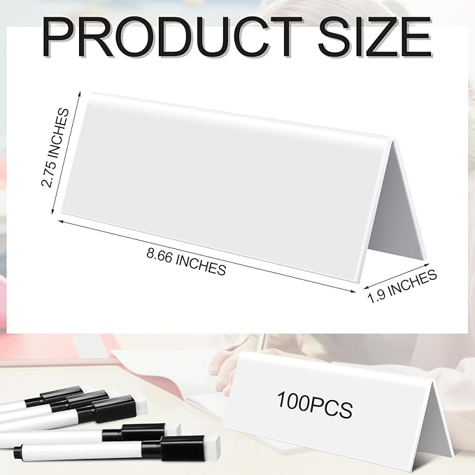 Fainne 100 Sets Dry Erase Name Tent Cards with Black Markers 8.7 x 2.8 x 1.9 Inches White Reusable Name Plate Wipe Clean Desk Tags Sign for Classroom Table Office Conference Meeting Weddings