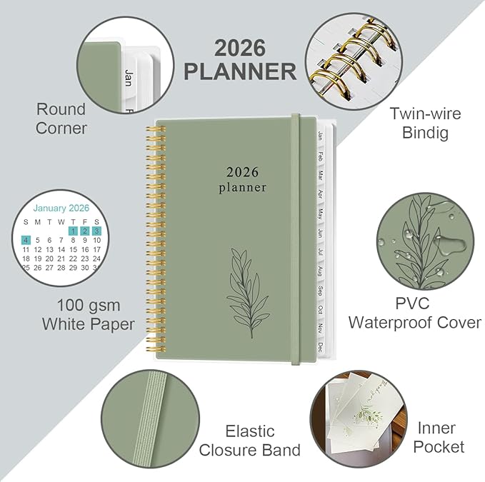 2026 Planner - Planner 2026 from January 2026 - December 2026, Weekly & Monthly Planners Spiral Bound with 12 Monthly Tabs, Inner Pocket, 6.4" x 8.5", Green
