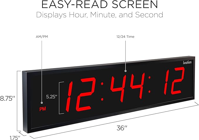 Ivation Oversized 36" Large Digital LED Clock | Big Digital Clock w/Multi-Function Display – Stopwatch, Timer, Alarms, Temp & Date | 6 Brightness Levels, Time Memory & Remote (Red)