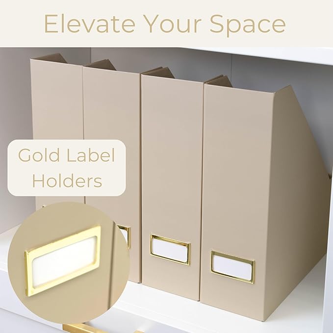 BLU MONACO | Set of 6 Foldable Taupe Magazine File Holders with Label Holders | Vertical File Organizer & File Storage Boxes for Desk, Shelves & Home Office